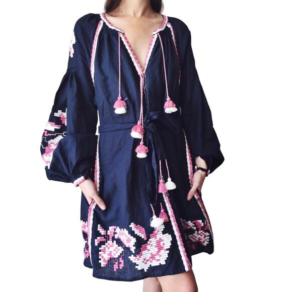 March11‎ Embroidered Linen Tassel Mini Dress Navy Blue Floral Size XS - Picture 2 of 11